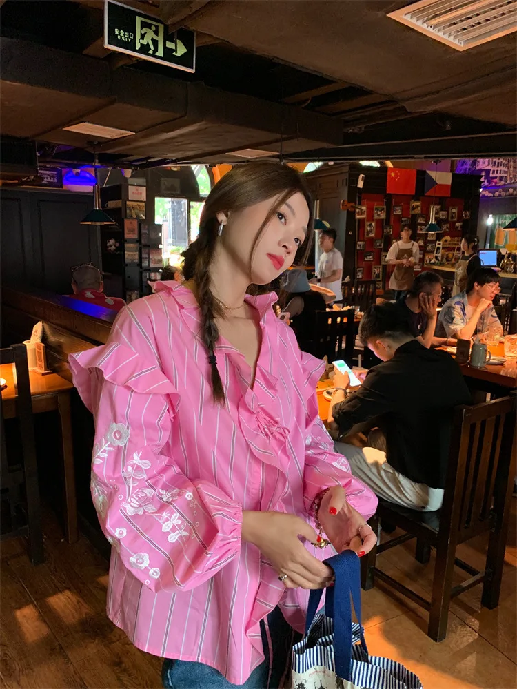 Свободный Топ [oein] Luoluo Zhuanjie рубашка в розовую полоску с длинными рукавами новинка