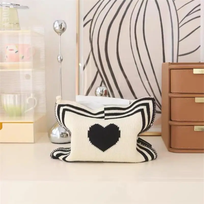 

Tissue Bedroom Box Napkin Thread Holder Storage Napkins Bag Knit Cotton Desktop Heart Heart Tissue Plaid Knitting Kitchen