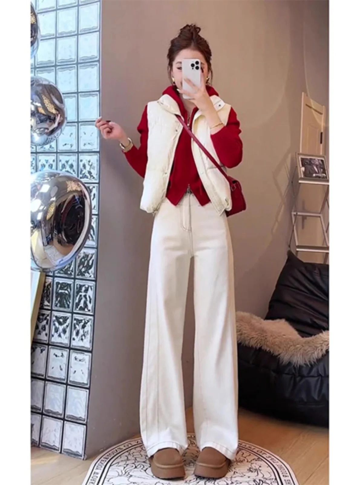 Winter Matching A Complete Set 2024 New Hood Sweater Thick Warm Vest Women Jeans Three-Piece