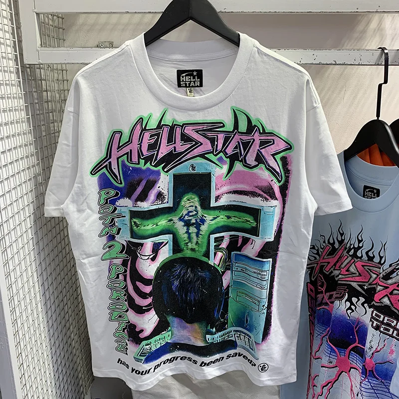 

Track Hellstar Studios Tshirts Washed Letter Portrait Print Short Sleeve Vintage Rock Hip Hop Street Hell Star T-Shirt Men Women