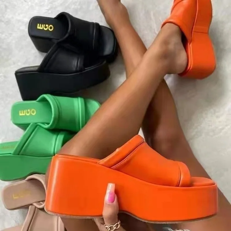 Summer New Fashion Wedges Slippers Women Thick Bottom Sponge Cake One Word Square Head Casual Plus Size 43 Slides Women