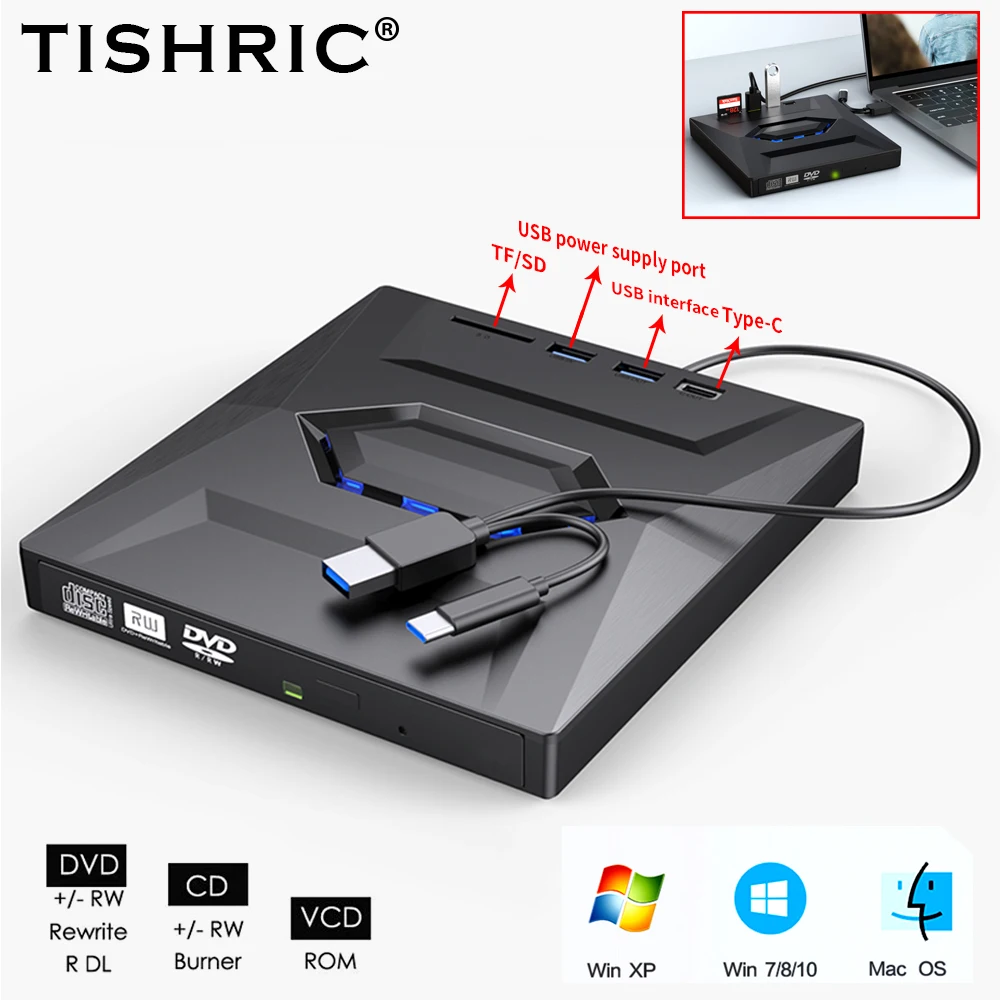

TISHRIC External Drive USB 2.0/3.0Type C CD DVD RW Optical Drive DVD Writer With USB Port SD/TF Card Slots For Laptop Notebook