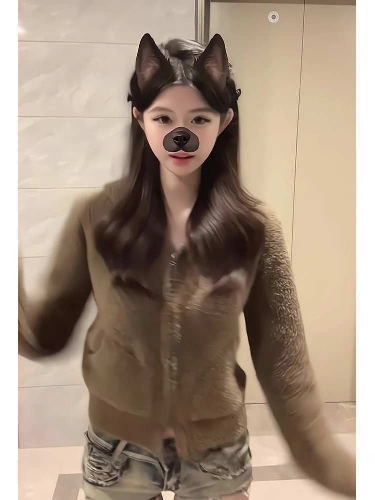 Кофейный цвет свитер на молнии с капюшоном кардиган женский осенне-зимний