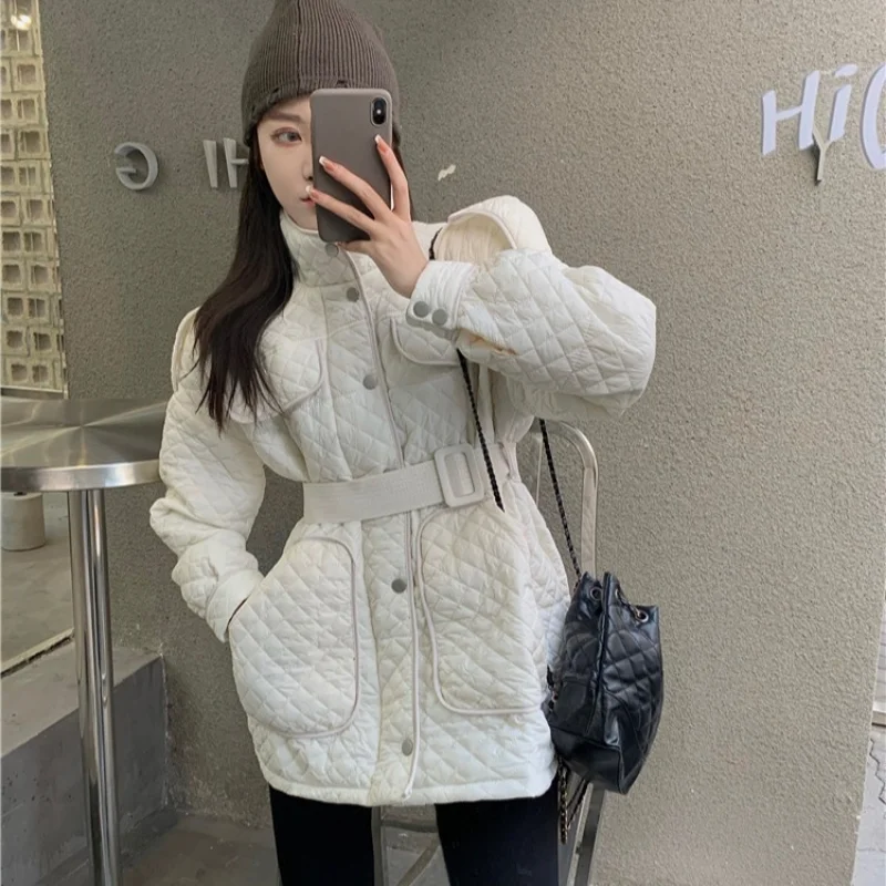 2022 Argyle Lapel Jacket Women Loose Parkas Coat Vintage Thin Waist Belted Autumn Winter Ladies Oversize Coat