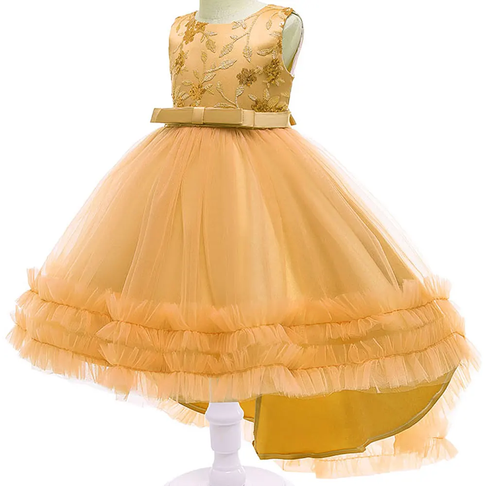 

Yellow Organza Princess Dress Embroidery Floral Robe Princesse Fille Sleeveless Vestido Niña Back Long Prinsessenjurken Meisjes