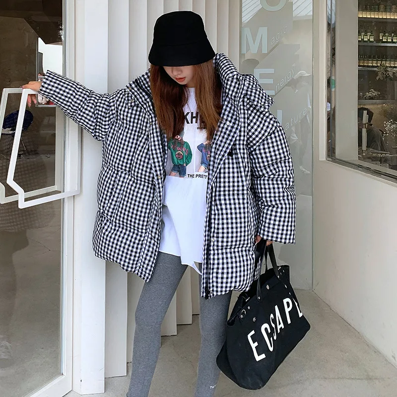 Cotton Padded High Waist Plaid Hooded Snow with Belt Light Weight Jacket Coat Warmer Parka Parka for Women Winter Puffer Jacket