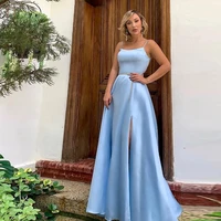 simple blue satin prom dress spaghetti strap a line paty gown backless floor length lace up formal evening dress robes de bal