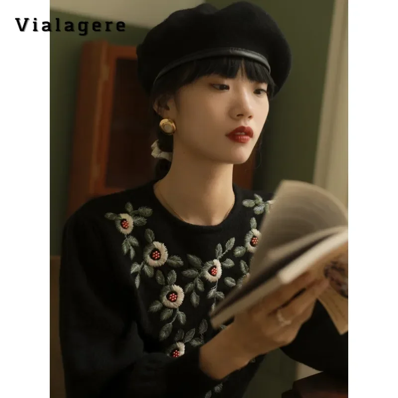 Женский винтажный трикотажный пуловер элегантный свободный свитер с длинным