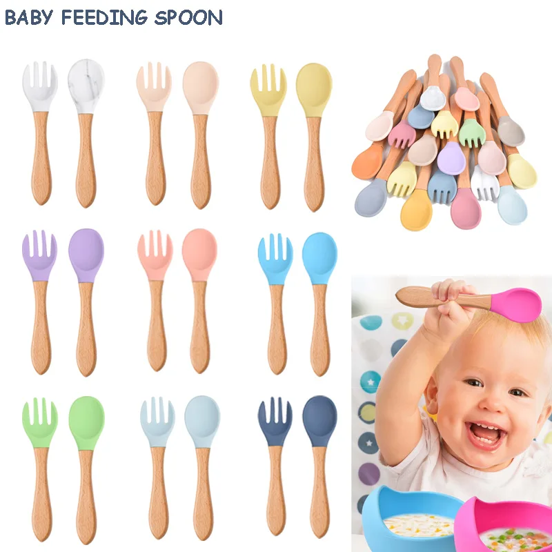 

2Pcs Food Grade Silicone Tips Baby Feeding Training Spoon and Fork Set with Wooden Handle Toddlers Infant Eat Independently Acce