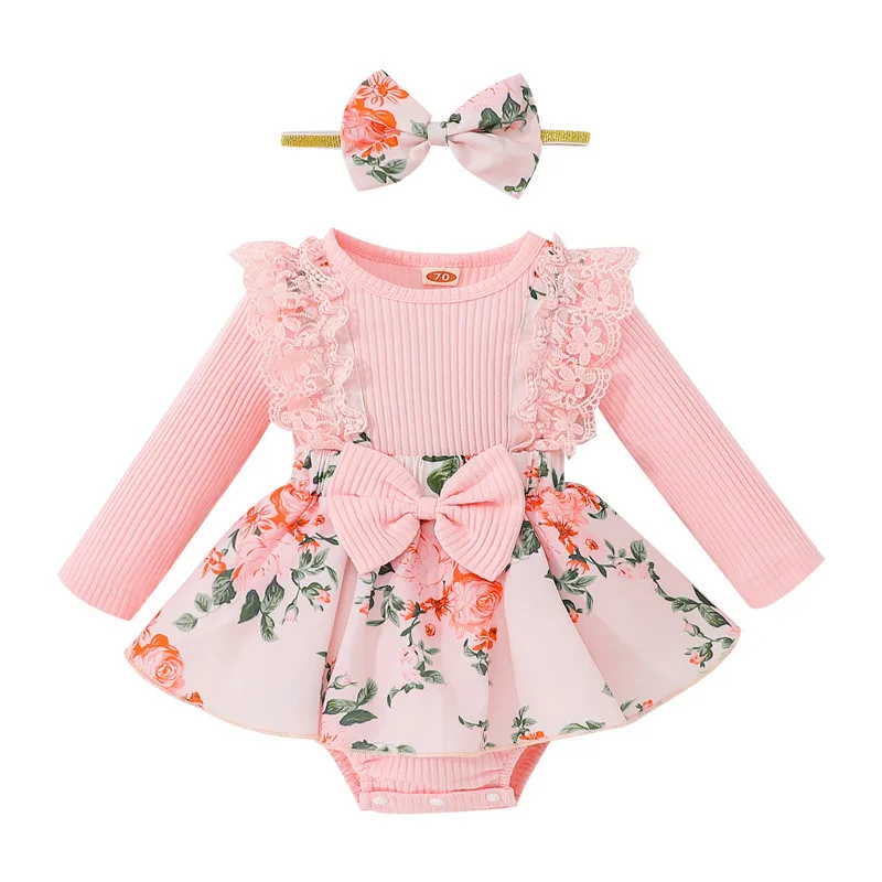 

Newborn Girl Dress Style Romper Outfits 0-18 month Long Sleeve Lace Patchwork Floral Pattern Bodysuit + Bow-Knot Headband Set