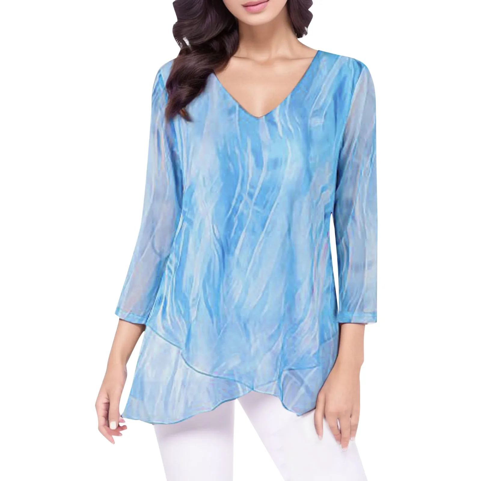 

Asymmetric Hem Mesh Printed Shirts For Women V Neck 3/4 Sleeve Loose Fit Blouses Lightweight Tunic Dressy Tops And Blouse Blusas