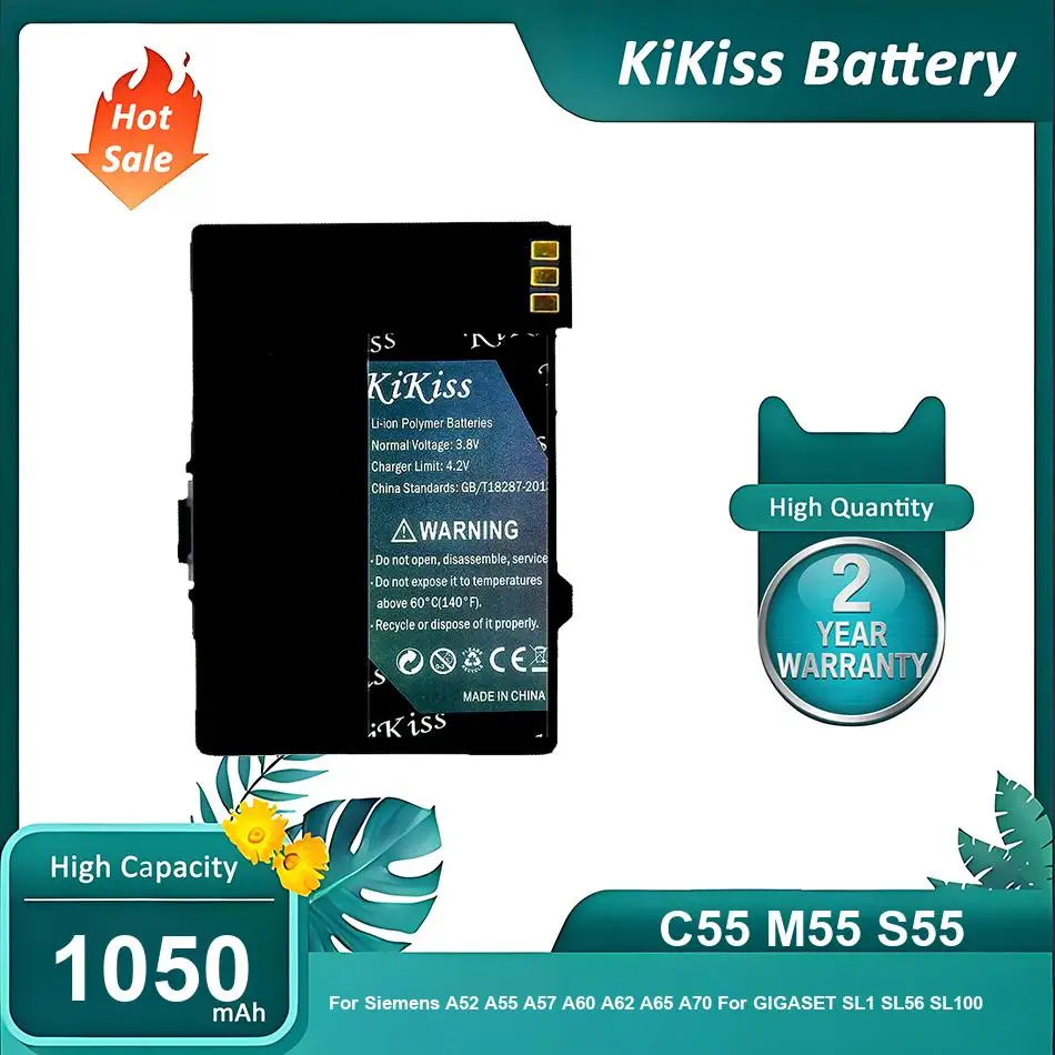 Фото Аккумулятор KiKiss для Siemens A52 A55 A57 A60 A62 A65 A70, для GIGASET SL1 SL56 SL100 SL565 EBA-510, C55 M55 S55, 1050 мАч №1