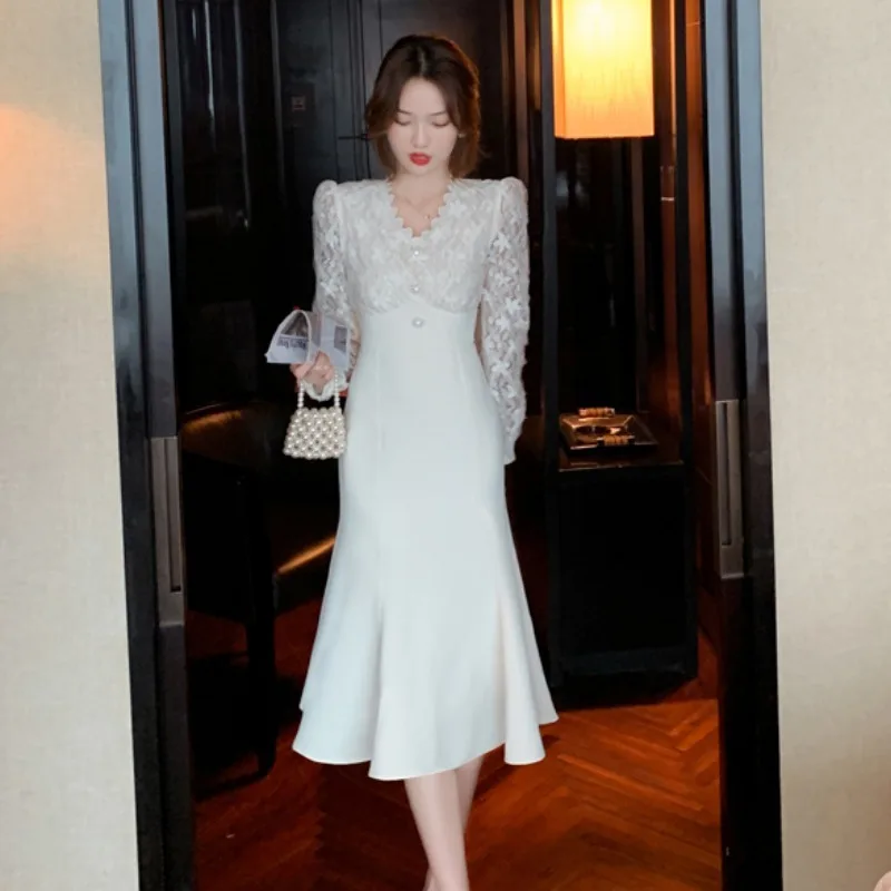Elegant Long White Dress Women French Vintage V-neck Lace Slim Y2K Dress  Spring Korean One Piece Casual Evening Party Dress 2023 - купить по  выгодной цене | AliExpress