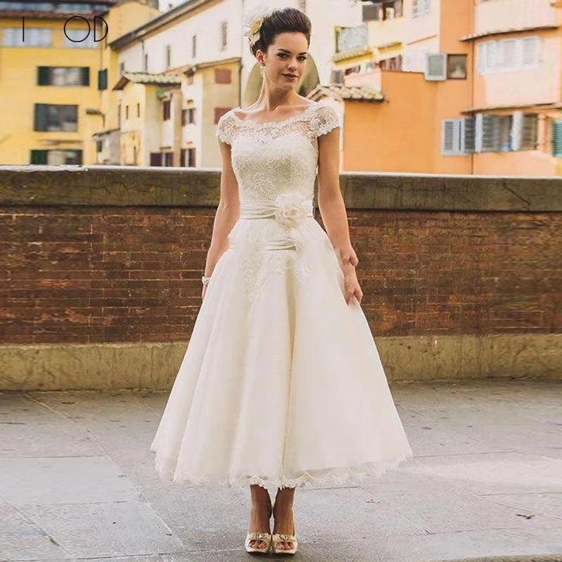 

Женское свадебное платье с кружевной 3D аппликацией I OD, элегантное платье принцессы с рукавами-крылышками и цветами, длиной до середины икры...