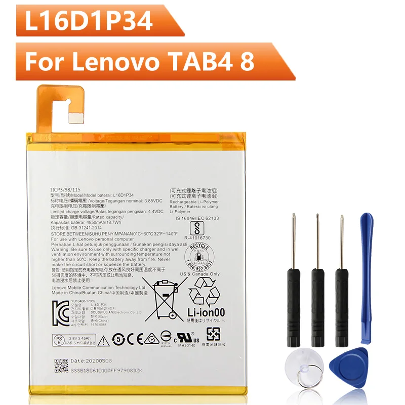 

Оригинальный сменный аккумулятор для планшета L16D1P34 для Lenovo TAB4 8 ТБ-8504N/F Tablet PC TAB4 8 Plus, перезаряжаемая батарея 4850 мАч