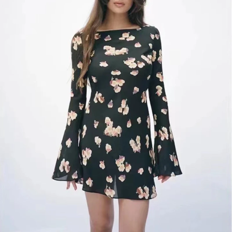 100% Silk Women Vintage Dress Flare Long Sleeve Butterfly Print Diagonal Cut dress