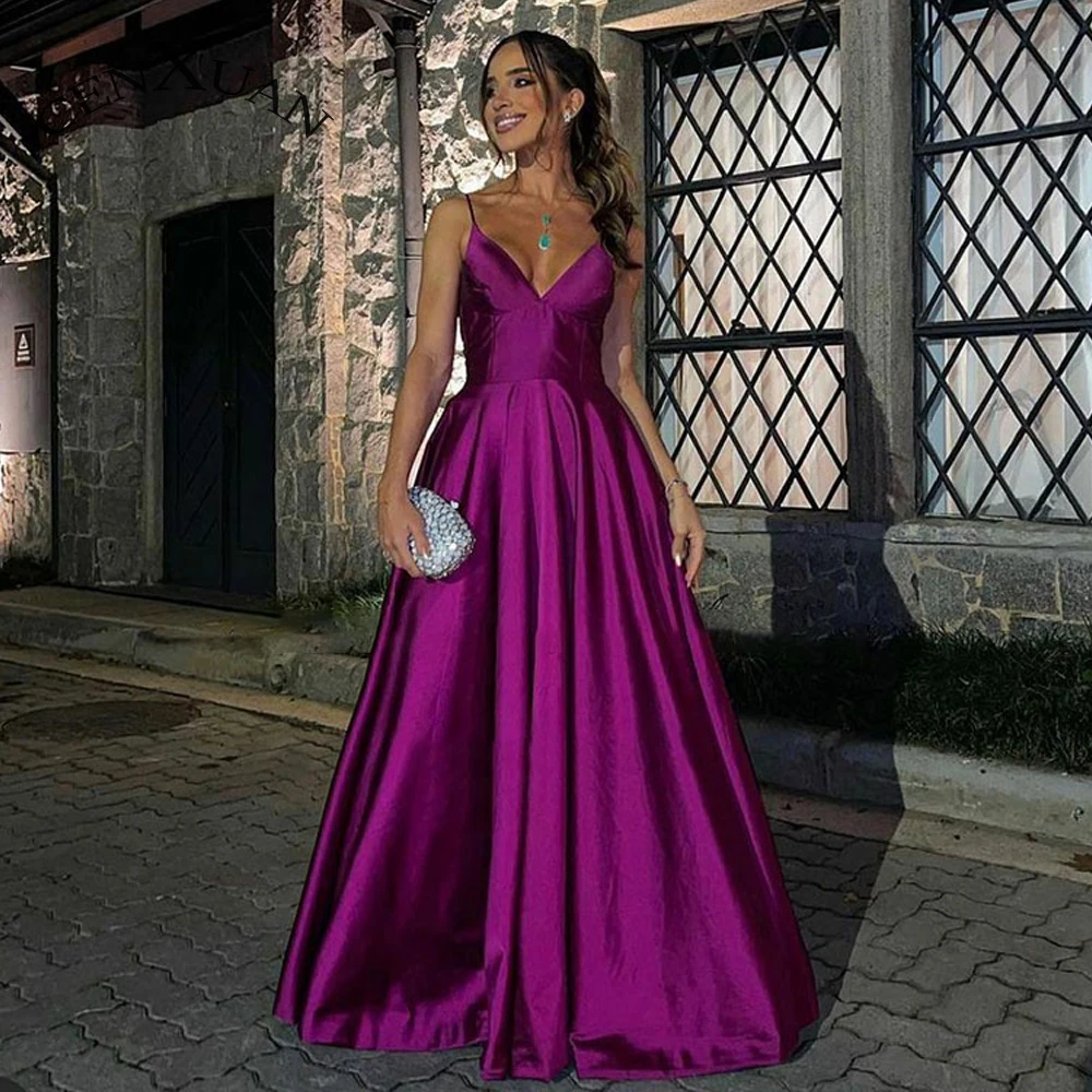 

Очаровательное сатиновое вечернее платье Cenxuan с V-образным вырезом на тонких бретельках с открытой спиной без рукавов и складками для вечеринки для женщин на заказ Vestido De Fiesta