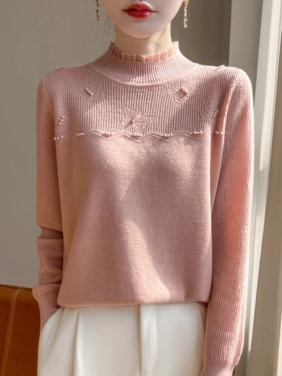 Gray Wear Organza Patchwork Wooden Ear Collar Knit Sweater Women Winter Three-Dimensional Crochet Bottoming Shirt Inner wear |