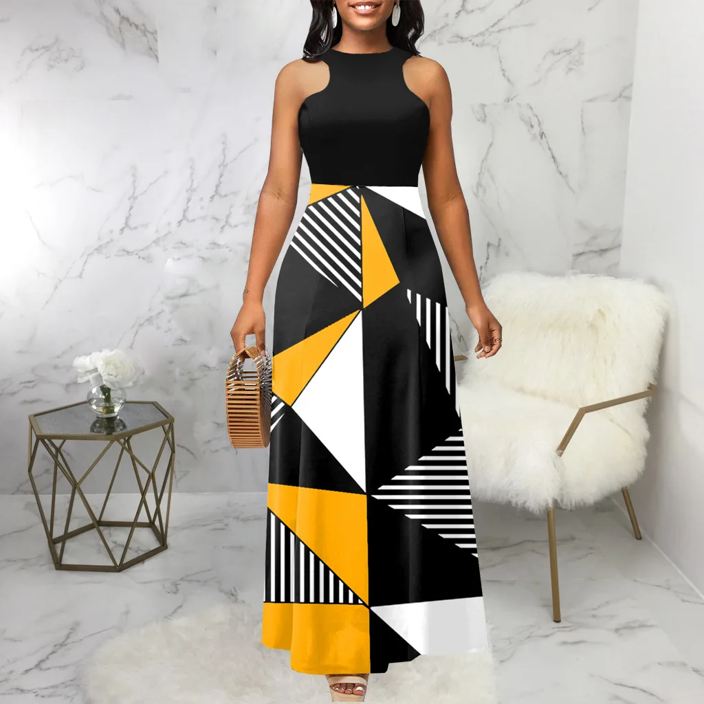 

Женское винтажное платье с принтом, длинное платье без рукавов с круглым вырезом, повседневные Элегантные пляжные вечерние платья макси, ле...