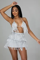 skmy new summer clothes beach outfits for women lace up crop top sexy nightclub two piece sets sequined tassel mini skirt