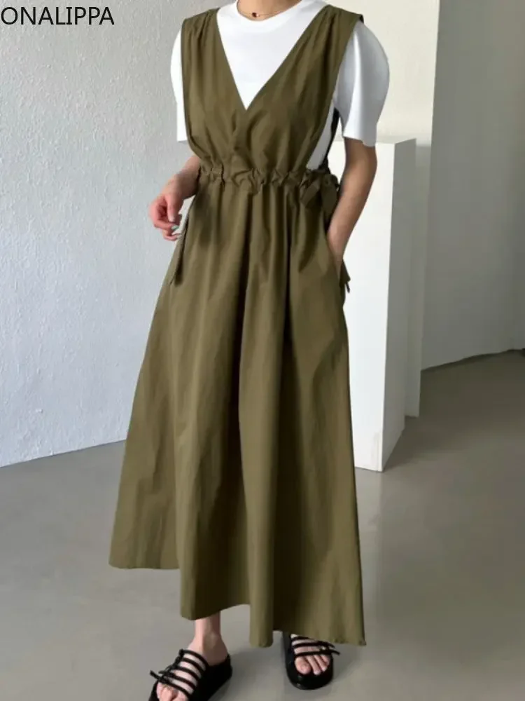 pa Sznurowana kamizelka ze sznurkiem Sukienka z wysokim stanem A Line Vintage Wszystkie dopasowane sukienki midi Koreański szyk bez rękawów Duży