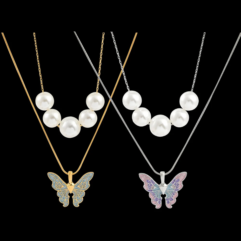 

Disney Barbie Fairytopia Mermaidia Enamel Butterfly Pendant Necklace For Women Thai Pop Imitation Pearl Multilayer Jewelry