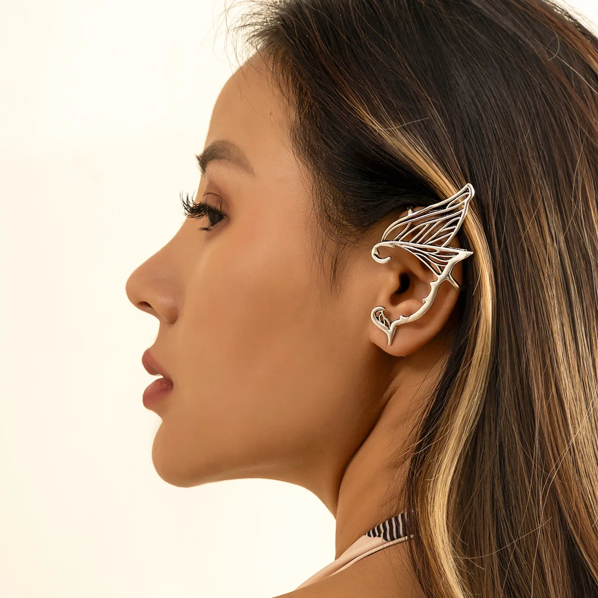 New Trendy Hollow Earring For Women Alloy Butterfly Wings Single Elf Ear Hanging Ladies Girls Simple Jewelry Gift