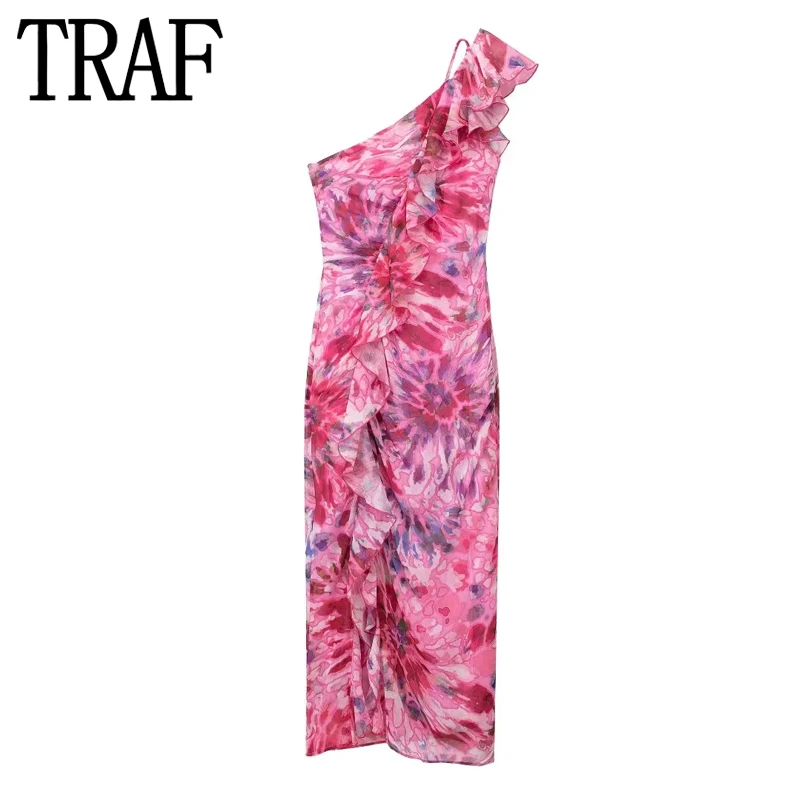 

TRAF 2023 Print Ruffle Dress Woman Asymmetric Long Dresses for Women Sexy Backless Midi Dress Women Ruched Evening Female Dress