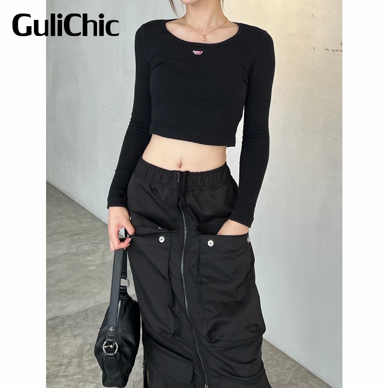 

9.11 GuliChic Women Street Letter Embroidery Stretchy Slim Short T-Shirt Or Pocket Zipper Split Skirt Set