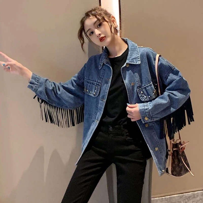 

2023 Spring and Autumn New Embroidery Tassel Denim Jacket Women Coat Relaxed Casual Female Outerwear Fashion