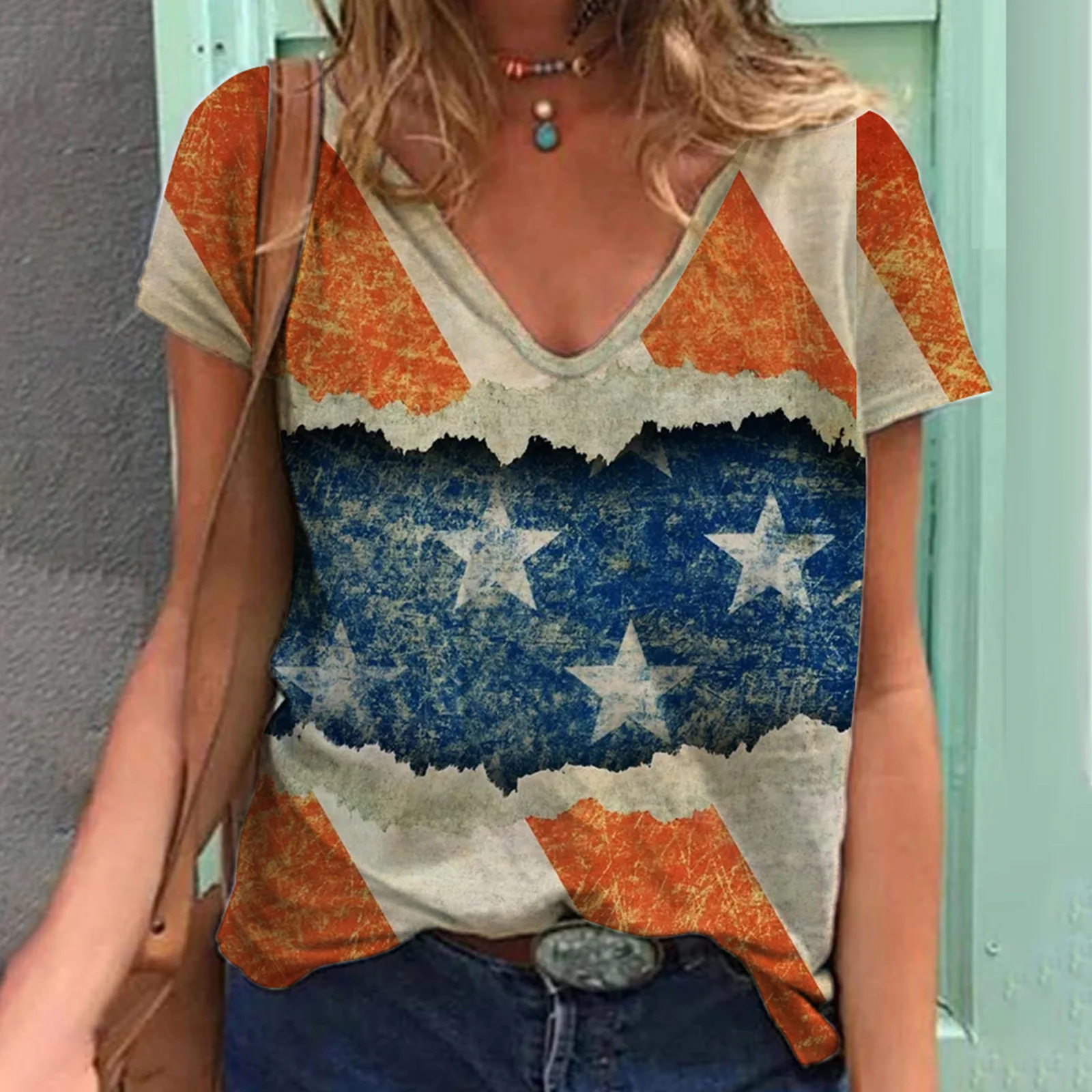 Women's new top loose V-neck American flag print street sports comfortable short sleeve summer 2023 fashion T-shirt