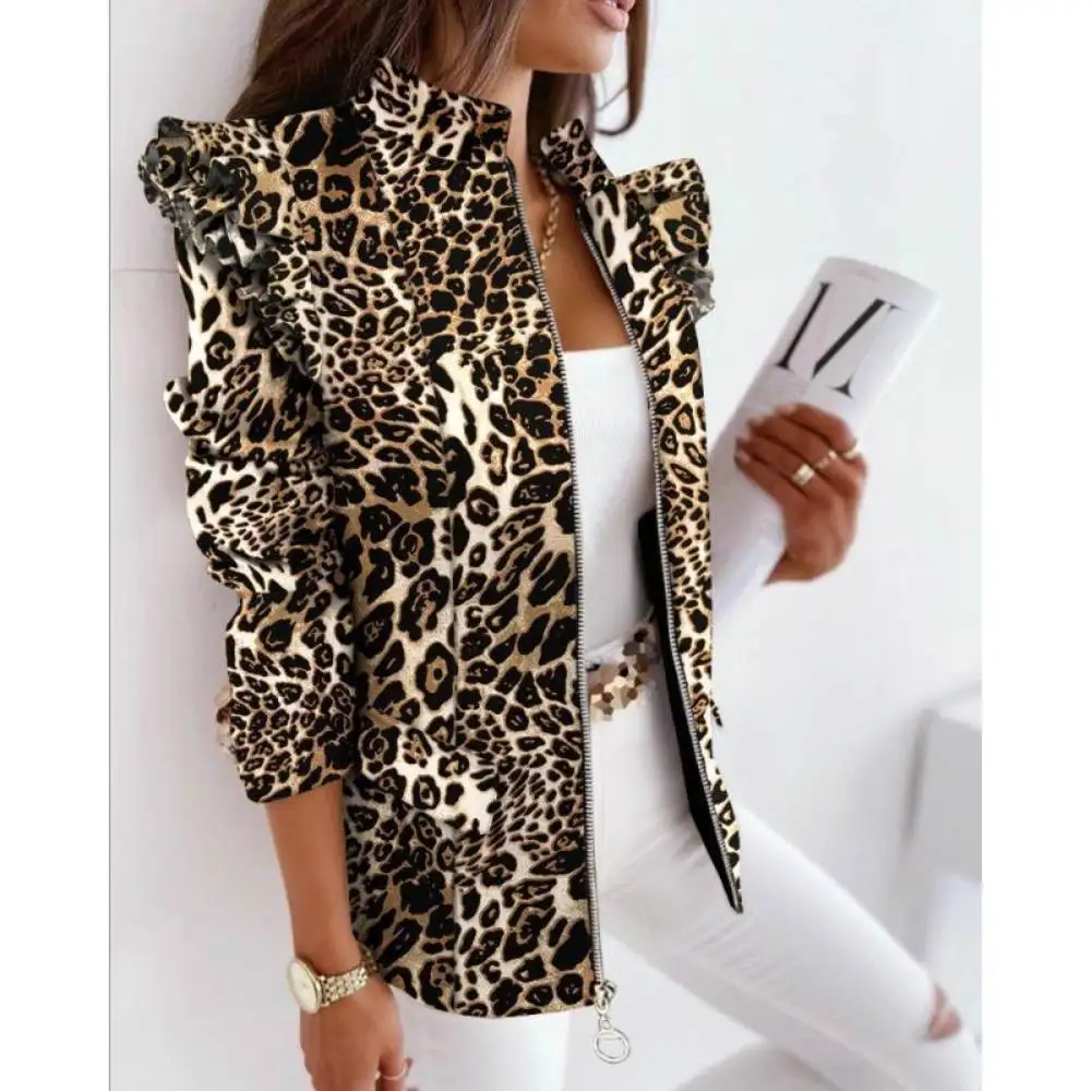 

Elegant Stand Collar Office Lady Blazer Coat Women Plaid Zip Tops Jacket Long Sleeve Ruffle Outerwear Social Daily Streetwear
