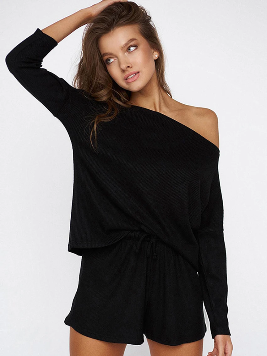 Marthaqiqi Ice Silk Rib Women Pajamas Set Sexy Oblique Shoulder Long Sleeve Sleepwear Drawstring Shorts Women'S Summer Suit