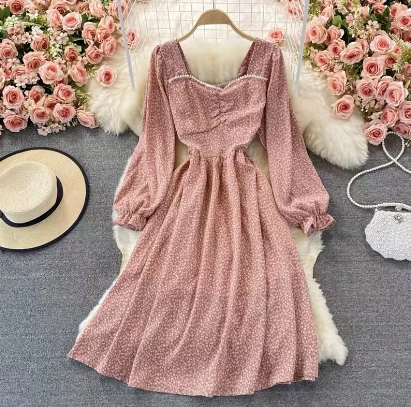 

Sweet Square Neck Chiffon Dress Women 2022 Autumn New Puff Sleeves Printed Mid-length Dress Waist Thin Floral Dress