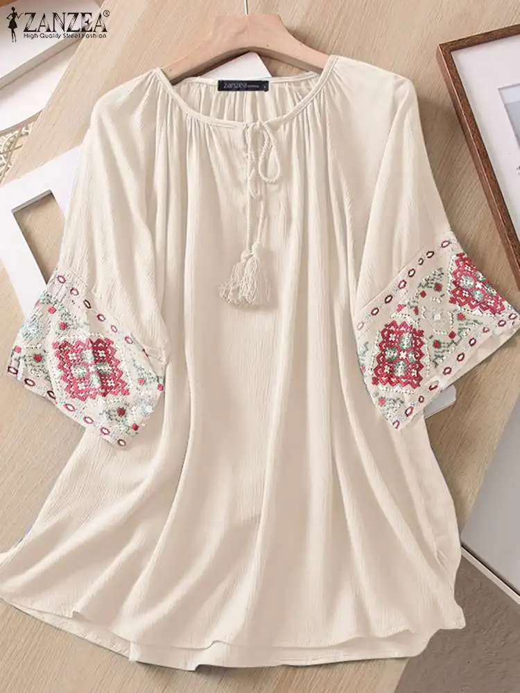 

ZANZEA Summer Women Holiday Blouse Embroidery Half Sleeve Tunic Round Neck Korean Fashion Bandage Vintage Top Blusas Oversize