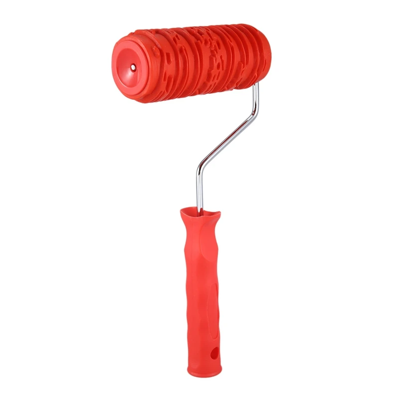 

NEW-6 Inch Painting Roller With Handle Rubber Wood Pattern Graining Knurling Tool For Wall Decoration Red
