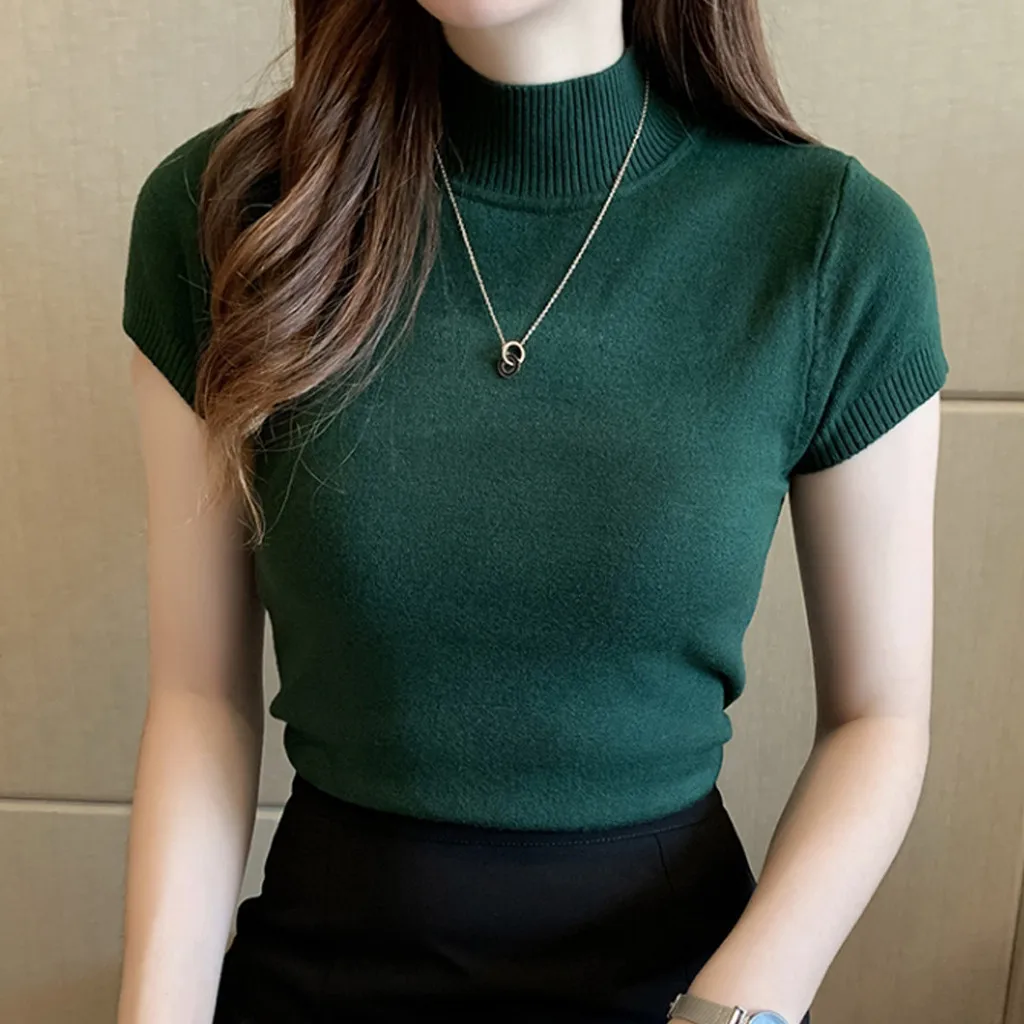 

Women's Turtleneck Knitted Top For Korean Lady Girls Solid Color Short Sleeve Sexy Woman Shirt Asian Size