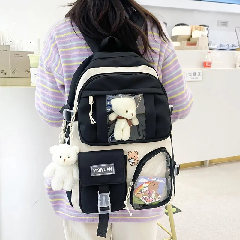 Kawaii Bear Women Backpack Large Capacity Multiple Pockets School Bag For Girls Nylon Waterproof Travel Backbags Trend Bookbags