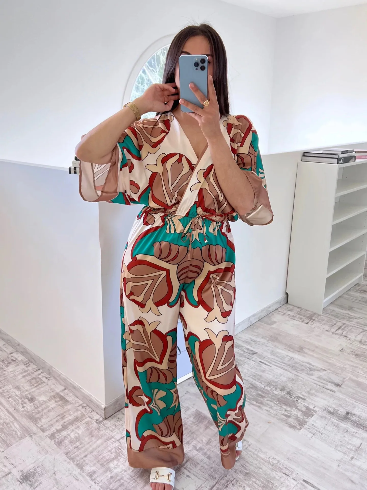 

Женский комбинезон с принтом, элегантный повседневный цельный комбинезон с V-образным вырезом и рукавом до локтя, лето 2022