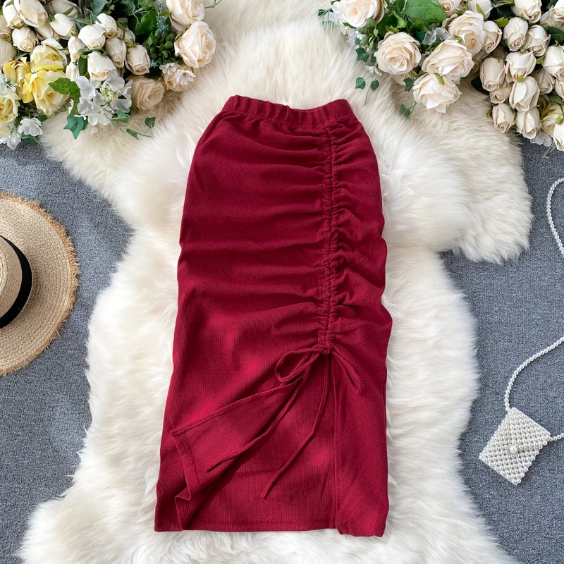 

Women Red/Gray/Black Drawstring Midi Skirt Casual Stretchy High Waist Irregular Bodycon Skirts Female New Fashion 2020