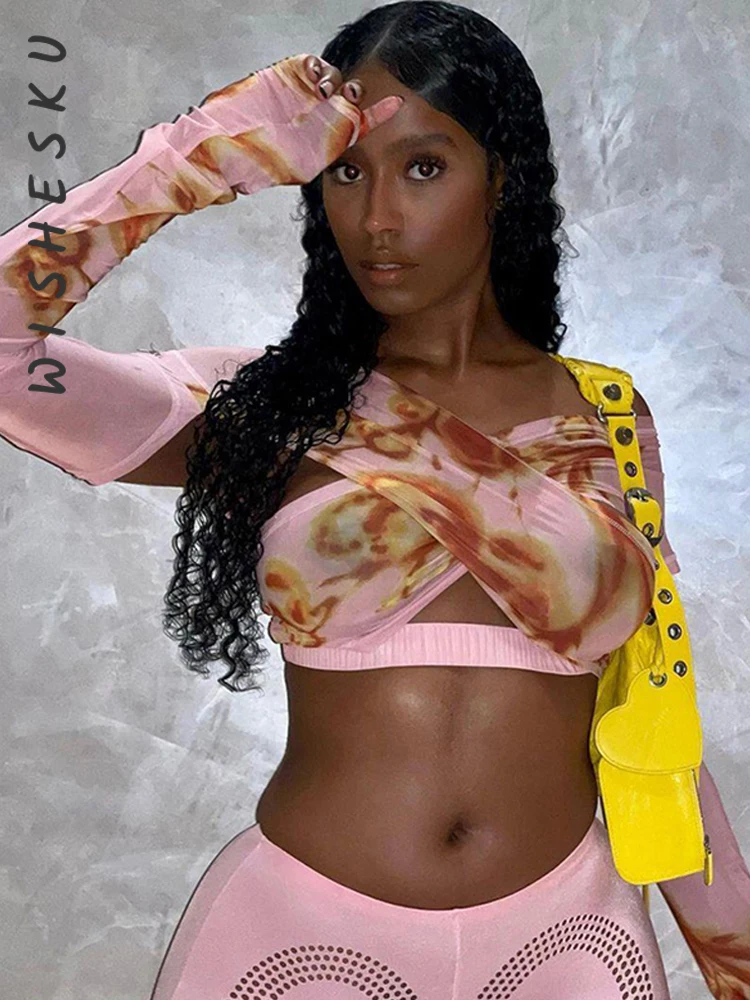 

Футболка женская сетчатая с длинным рукавом и принтом, Y2K