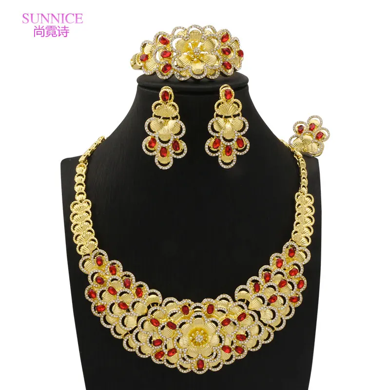 

SUNNICE 18K Gold Plated Big Necklace Earrings for Women Red Color Zircon Dubai Jewelry Sets Luxury African Charm Bracelet Ring