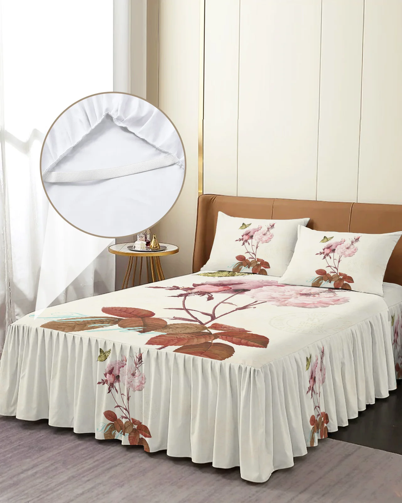 

Винтажное постельное белье с цветочным принтом и бабочками, эластичное покрывало с наволочками, протектор для кровати, наматрасник, Комплект постельного белья, простыня