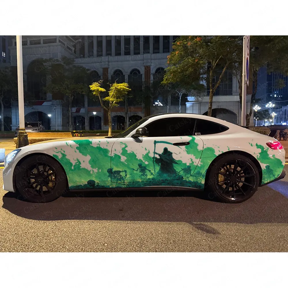 2 шт. зеленых наклеек на боковые части автомобиля с изображением Призрака-жнеца и скелета, самоклеящиеся, из ПВХ, водонепроницаемые и устойчивые к царапинам, автомобильный аксессуар (art.: 3920daa297afe) - 3920daa297afe