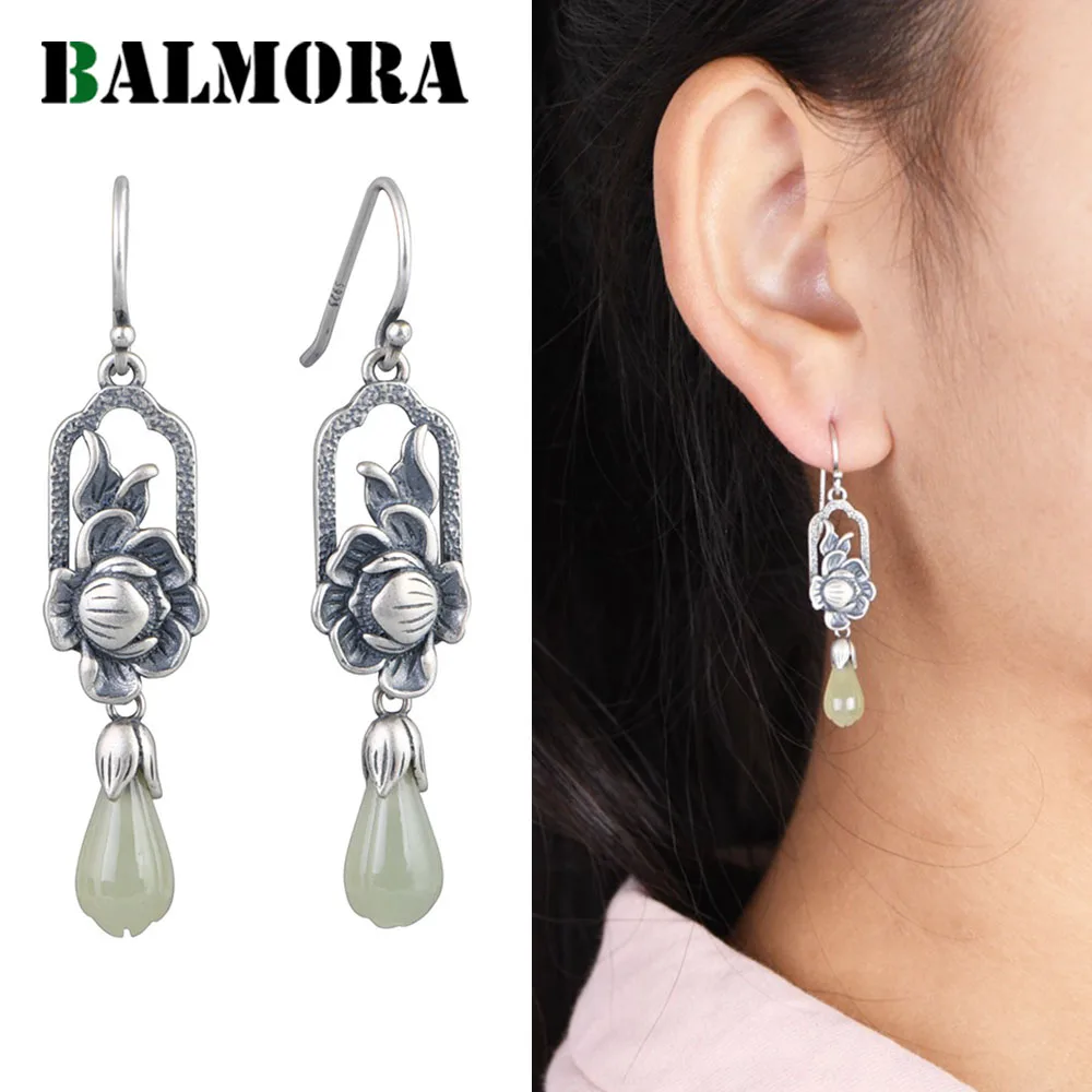 

BALMORA S925 Silver Vintage Lotus Hollow Earring For Women Girl Jade Tassel Geometric Long Earring Dangler Daily Jewelry