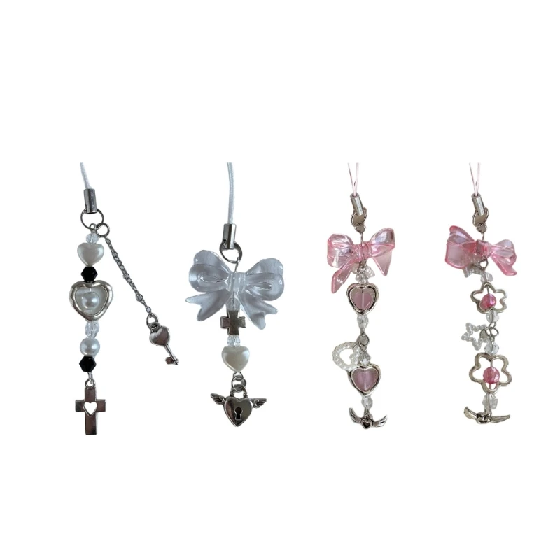 

DIY Handmade Phone Charm Y2K Women Flower Bowknot Crossed Pendant Lanyard Loves Heart Bead Cartoon Accessories