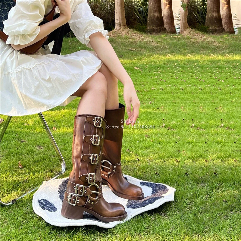 Metal Buckle Retro Brown Knight Boots Woman Winter 2023 Slip-On Heels Mid-Calf Boots Round Toe Chunky Heel Western Cowboy Boots