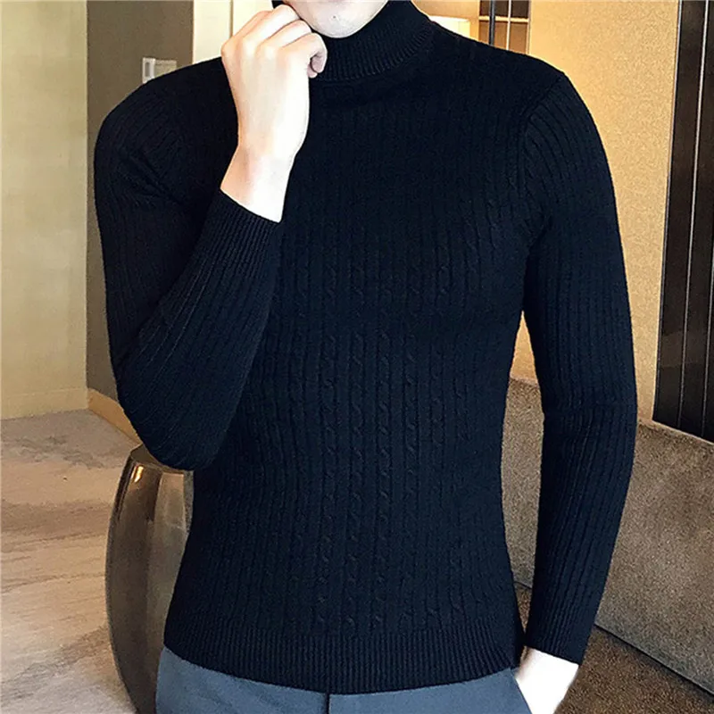 

2022 корейский Тонкий Однотонный свитер с воротником «хомут», мужской зимний теплый вязаный свитер с длинным рукавом, Классическая однотонна...