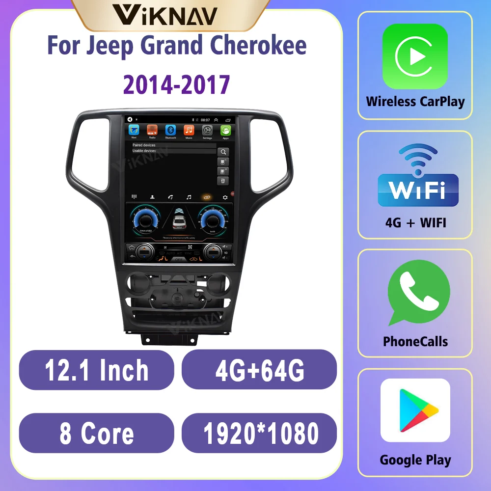 

4+64G 8 Core Carplay Radio For Jeep Grand Cherokee 2014-2017 Plug and Play 1080P Navigation GPS Rear View 4G Network Bluetooth