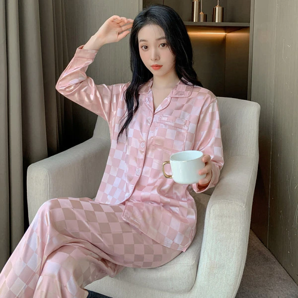 Spring and autumn new plaid jacquard ice silk pajamas women's trousers long-sleeved two-piece home service